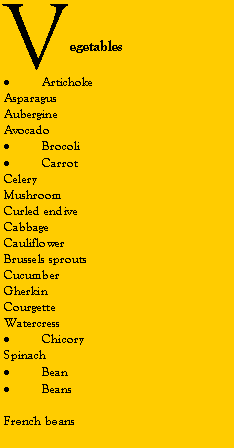 Zone de Texte: VegetablesArtichokeAsparagusAubergineAvocadoBrocoliCarrotCeleryMushroomCurled endiveCabbageCauliflowerBrussels sproutsCucumberGherkinCourgetteWatercressChicorySpinachBeanBeansFrench beans