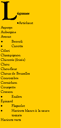 Zone de Texte: LgumesArtichaut	AspergeAubergineAvocatBrocoliCarotteCleriChampignonChicore (frise)ChouChou-fleurChoux de BruxellesConcombreCornichonCourgetteCressonEndivepinardFlageoletHaricots blancs  la sauce tomateHaricots verts